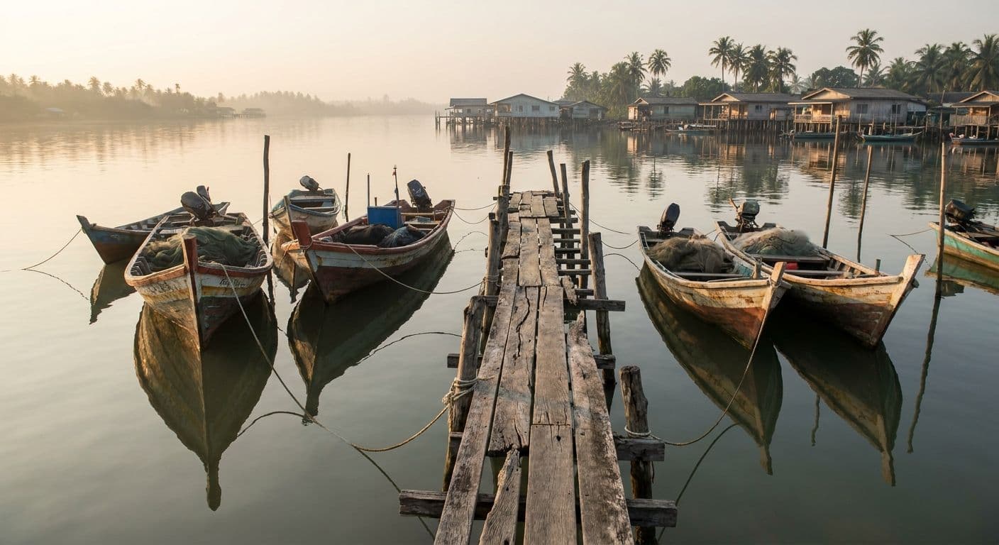 Traditional wooden fishing boats docked at a village pier in Pulau Kemujan at dawn